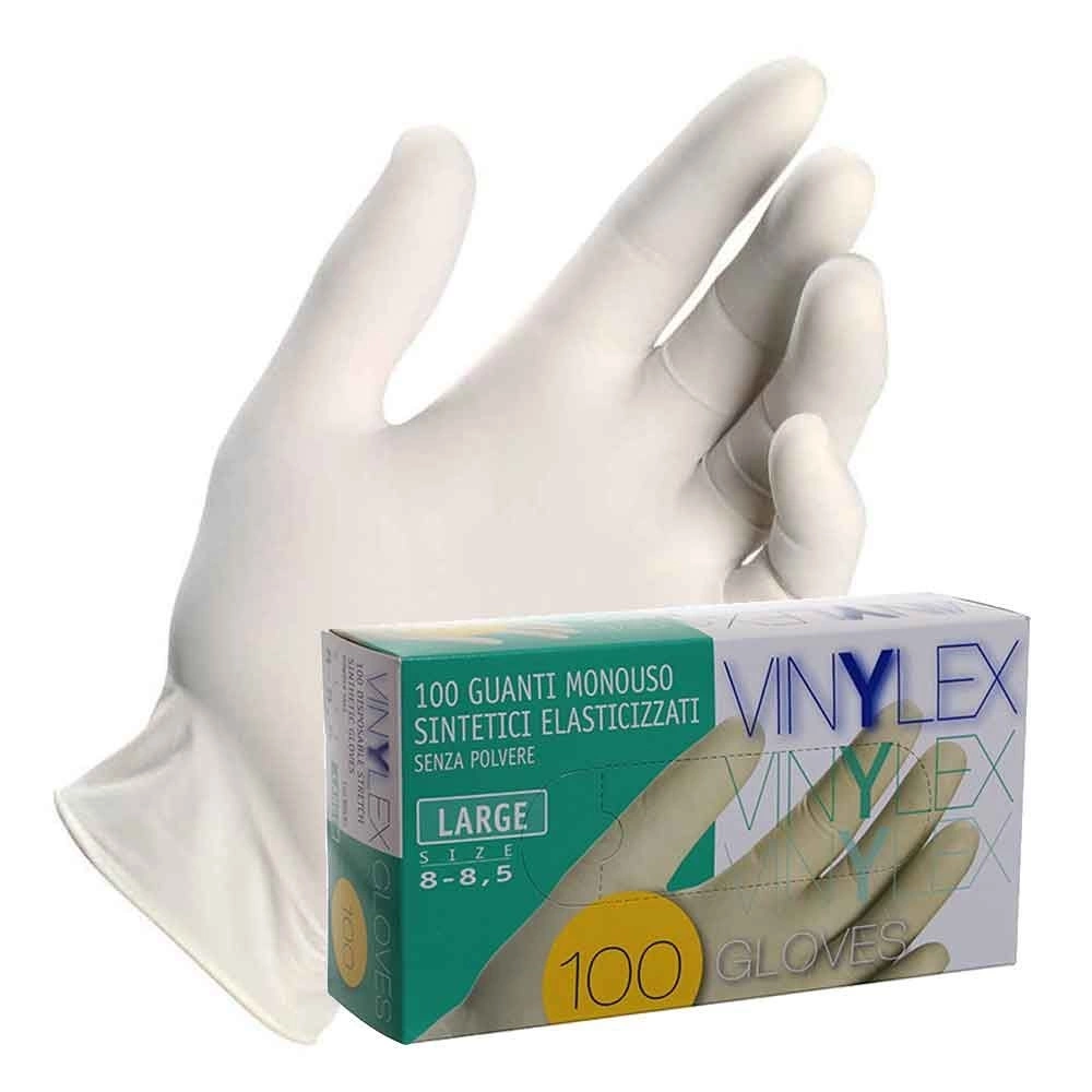 Pharmafiore - Guanti in vinile sintetici elasticizzati monouso S-M-L-XL  VINYLEX - confezione da 100 pezzi